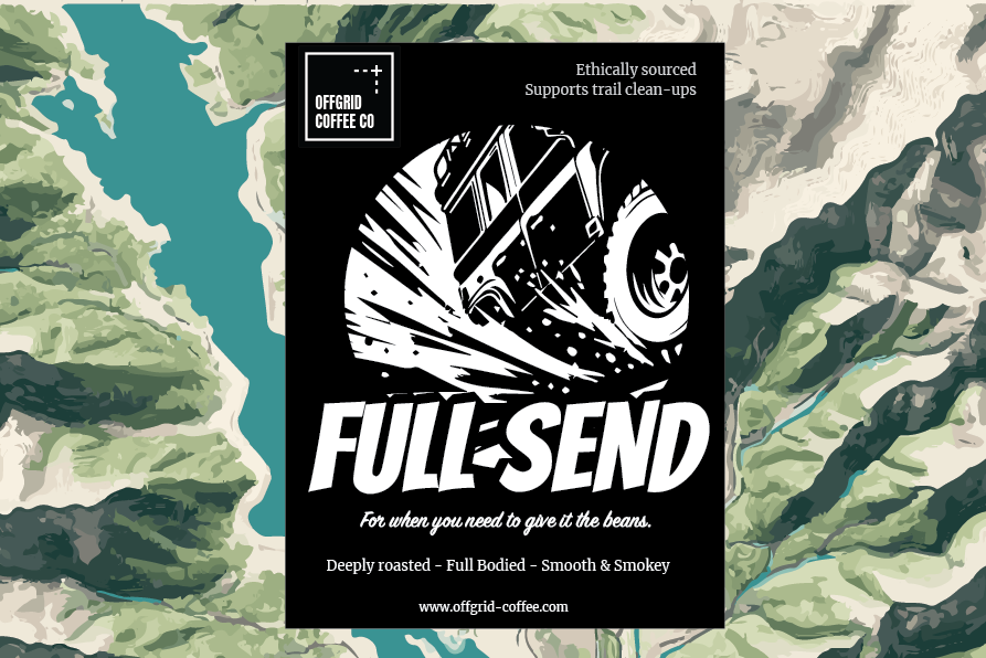 The design of Full Send packaging displaying the name "Full Send" and the tasting notes of Full Bodied, Deeply roasted, Smooth and Smokey and hints of caramel.